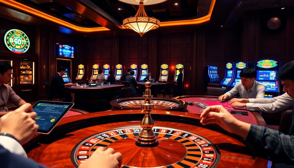 Engage in high-stakes gambling excitement as players immerse in a luxurious casino scene featuring "Nếu như vậy bám vào đây."