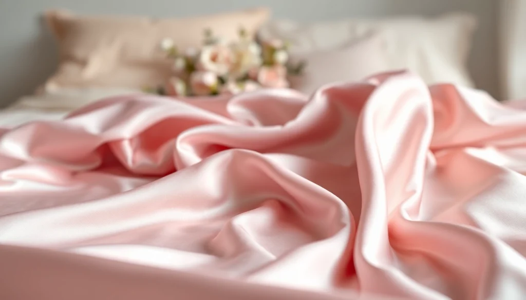 Verken satijn stof met een glanzende afwerking die elegant over een bed valt.