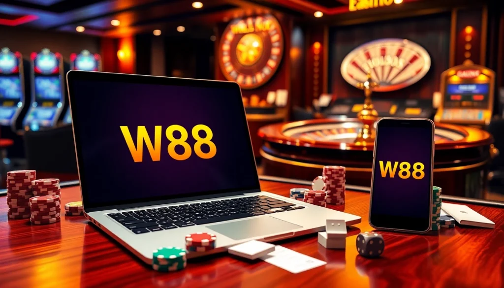 Experience the thrill of online gaming with the W88 link displayed on mobile and laptop devices amid vibrant casino elements.