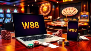 Experience the thrill of online gaming with the W88 link displayed on mobile and laptop devices amid vibrant casino elements.