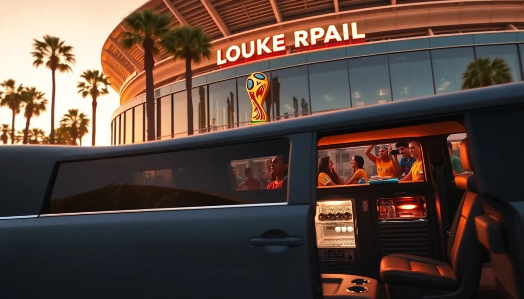 World Cup Group Transportation in a luxury limousine, ready for fans to celebrate at the LA stadium.