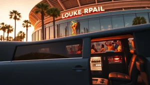 World Cup Group Transportation in a luxury limousine, ready for fans to celebrate at the LA stadium.