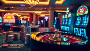 Engaging scene of online gambling excitement at 23win with roulette, poker chips, and vibrant slot machines.