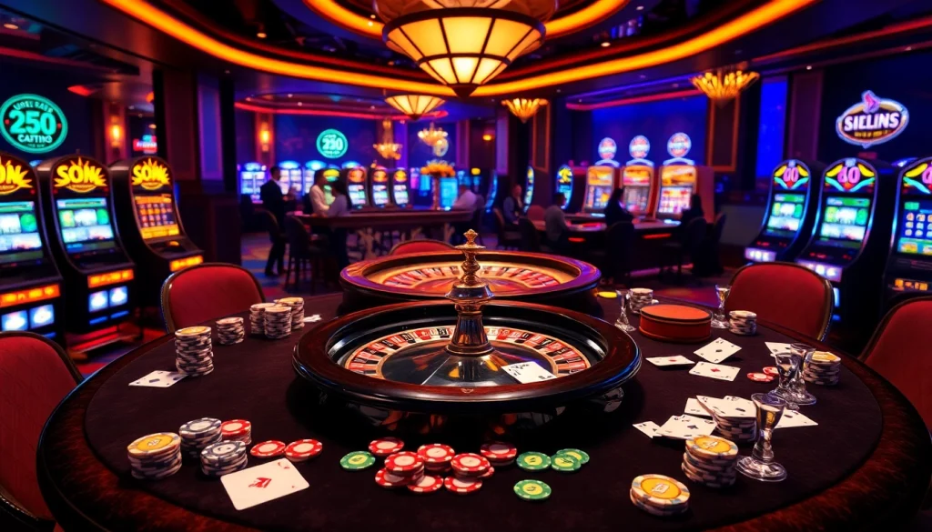 Exciting casino scene with poker chips and cards highlighting 상품권카드 in a vibrant setting.