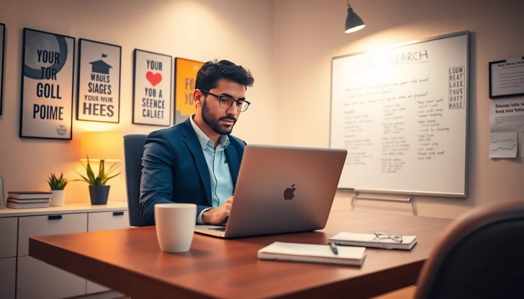 Engaging job search scene showing a professional seeking opportunities in their workspace.