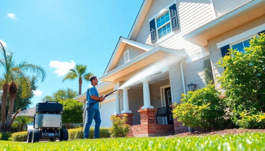 Soft wash pressure washing team cleaning a residential home's siding in Kissimmee, FL, showcasing eco-friendly techniques.