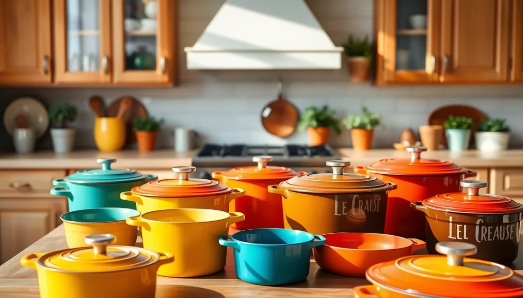 Showcase of vibrant Le Creuset NZ cookware arranged in a sunny kitchen.