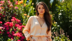 Showcasing Rivelle clothing in a lush garden setting, radiating elegance and sophistication.