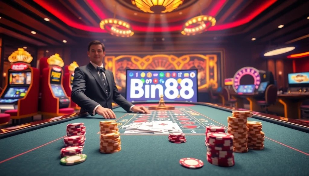 Engaging view of a luxury online casino table featuring Bin88 poker chips and cards in action.
