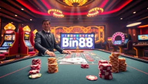 Engaging view of a luxury online casino table featuring Bin88 poker chips and cards in action.