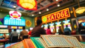 Menggambarkan suasana di diantogel dengan tiket lotere berwarna-warni dan pemain yang sedang bermain.