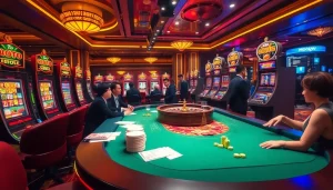 Exciting nổ hũ slot machines illuminating a luxurious casino environment, showcasing vibrant gameplay and eager players.