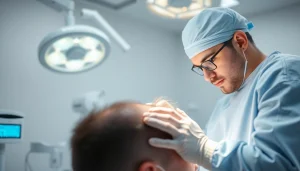 Performing a hair transplant procedure in a professional clinic setting.