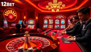 Capture the thrill of online gambling with 12bet's vibrant casino atmosphere filled with active gaming tables and exciting visuals.