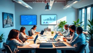 Professional workspace illustrating premium marketing solutions through teamwork and innovation.