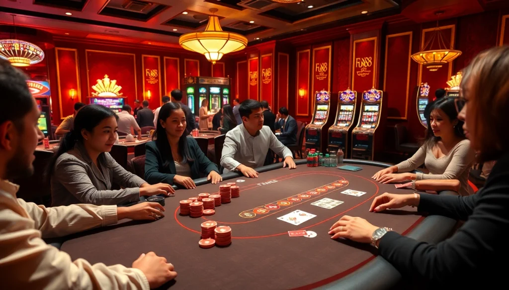 Players engaging in upscale blackjack at a Fun88 link casino, highlighting excitement and luxury in gambling.