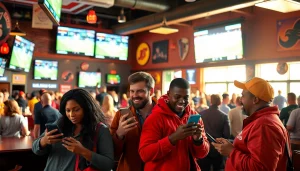 Friends enjoying sports betting apps Oklahoma in a vibrant sports bar setting, surrounded by screens and memorabilia.