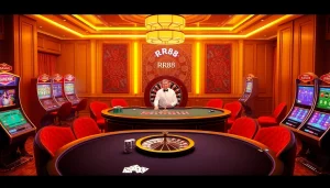 Experience high-stakes excitement at RR88 with a vibrant casino scene showcasing poker and slot games.