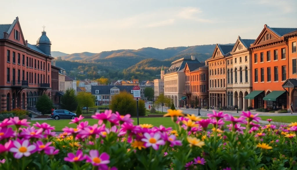 Discover the charming landscape of Clarksburg with vibrant flowers and historic architecture.