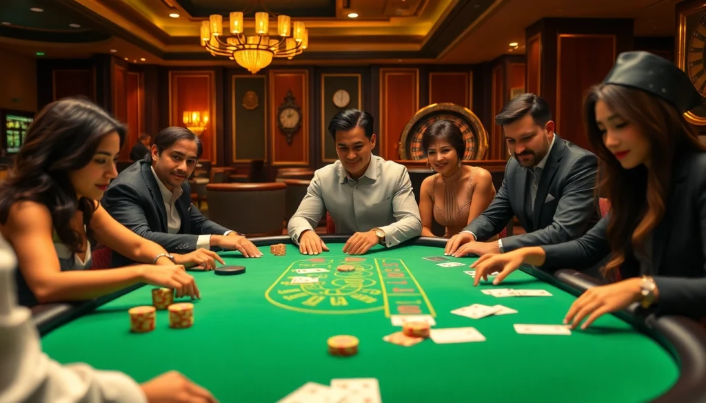 GO8-themed poker players engaged in a high-stakes game in an upscale casino setting.