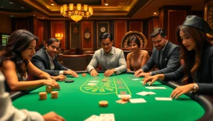 GO8-themed poker players engaged in a high-stakes game in an upscale casino setting.