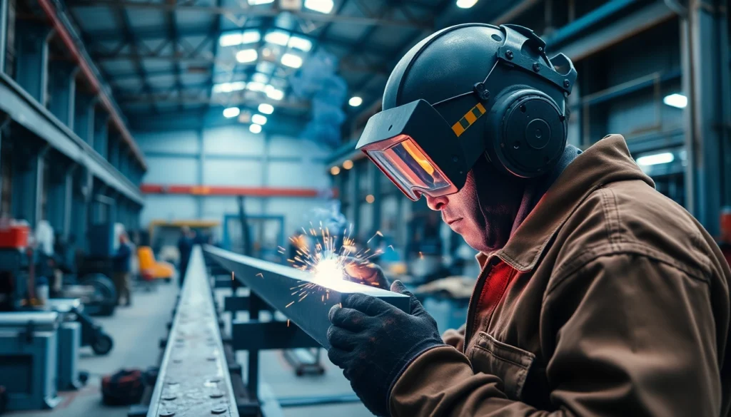 Welder performing structural steel welding with precision in a bright industrial workshop.