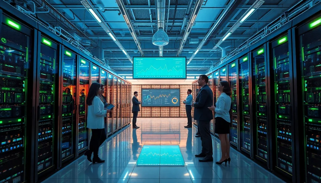 Professional team discussing cloud mining app advancements in a renewable energy data center.