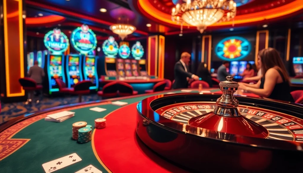 Engage with exciting betting actions at THABET VEGAS casino featuring vibrant tables and slot machines.