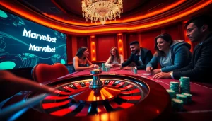 Marvelbet players enjoying engaging card games at a vibrant casino table.