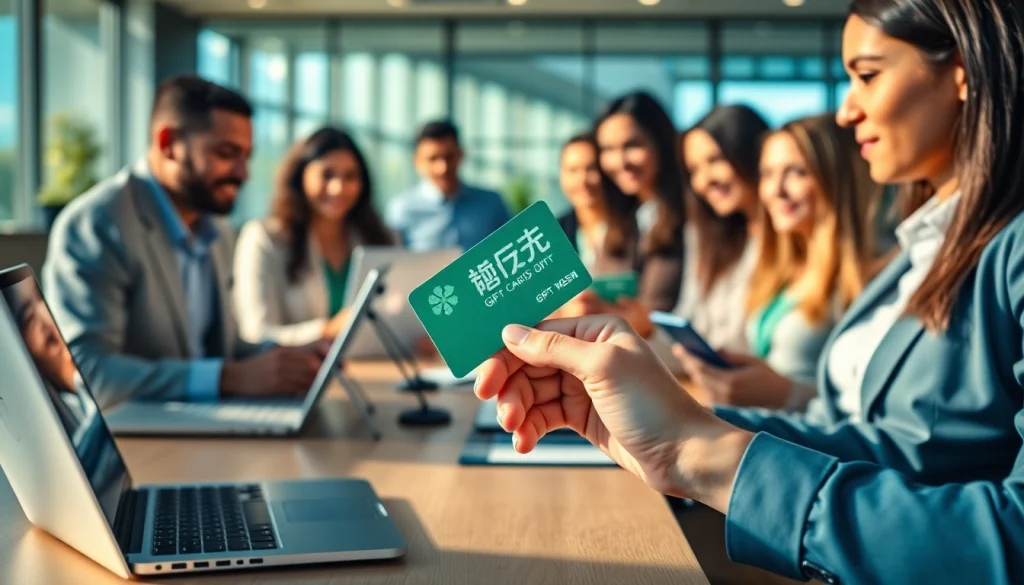 현대 금융 환경에서 상품권카드를 활용하는 전문가들, 디지털 거래와 다양한 결제 수단을 선보임.