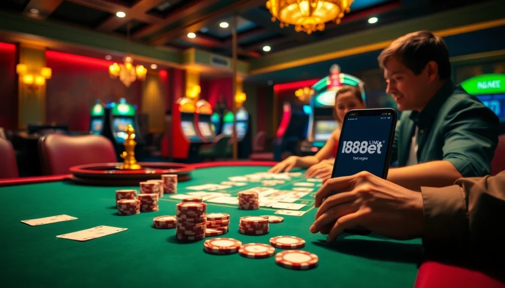 Exciting casino scene with high-stakes betting at 188bet, featuring poker chips and a roulette wheel.