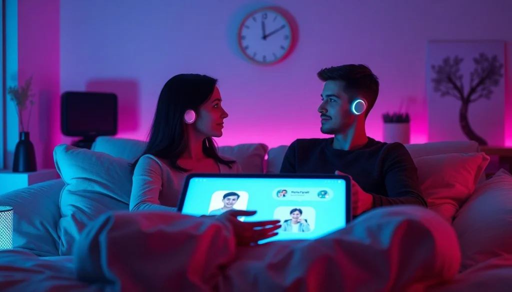 Engaging ai sexting conversation with digital avatars in an intimate, ambient setting.