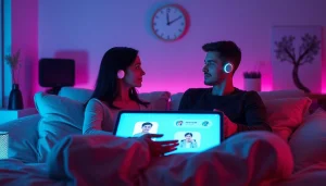 Engaging ai sexting conversation with digital avatars in an intimate, ambient setting.