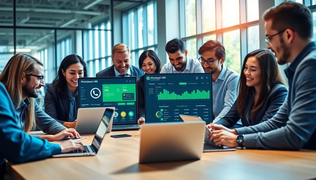 Showcasing the collaborative use of WhatsApp Smart CRM in a modern office setting.