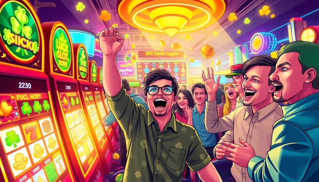 Exciting online gaming scene showcasing slot hoki with vibrant slot machines and celebrating players.