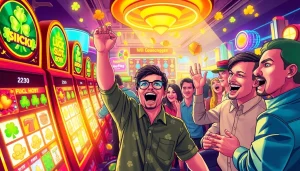 Exciting online gaming scene showcasing slot hoki with vibrant slot machines and celebrating players.