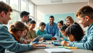 Dynamic classroom scene showcasing innovative education through collaboration and technology.