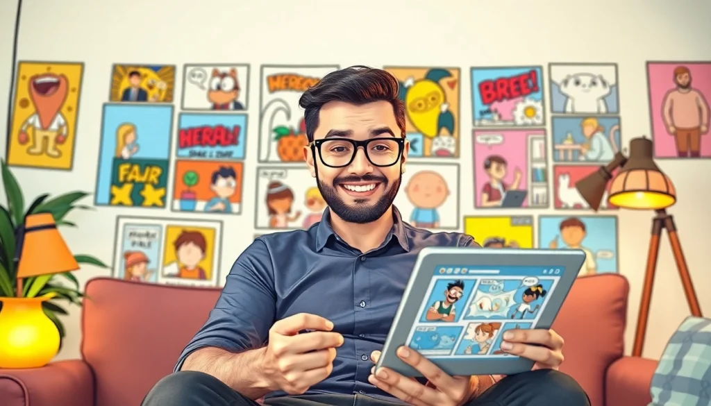 무료웹툰 이용 중 다양한 플랫폼 탐색하는 모습