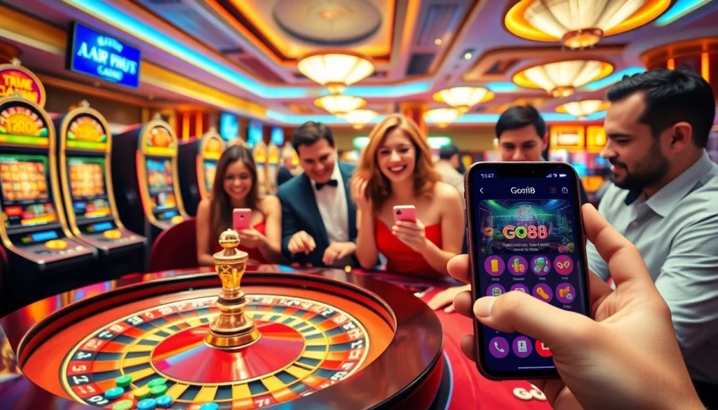 Excited players engaging with tải go88 app at a luxurious casino scene featuring slot machines and poker tables.
