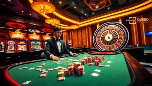 Players enjoy an exciting game at the casino table, engaging with nhà cái cm88, featuring vibrant cards and chips.