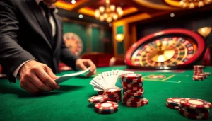 Experience the excitement of betting at https://rr88.navy/ with vibrant poker chips and a spinning roulette wheel.