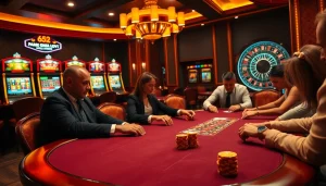 Intense poker action with b52-themed chips and a roulette wheel, showcasing thrill and luxury.