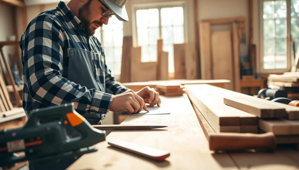 Engaged carpenter showcasing a Carpentry Apprenticeship Near Me in a well-lit workshop.