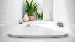 Showcase a sleek shower base in a modern bathroom setting, emphasizing its elegant design.