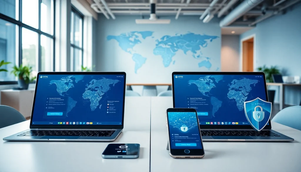 快连官网 展示一个现代化工作空间，配有笔记本电脑和智能手机，突出VPN服务功能。
