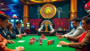 A vibrant casino scene showcasing poker games, chips, and excitement at nhà cái cm88.