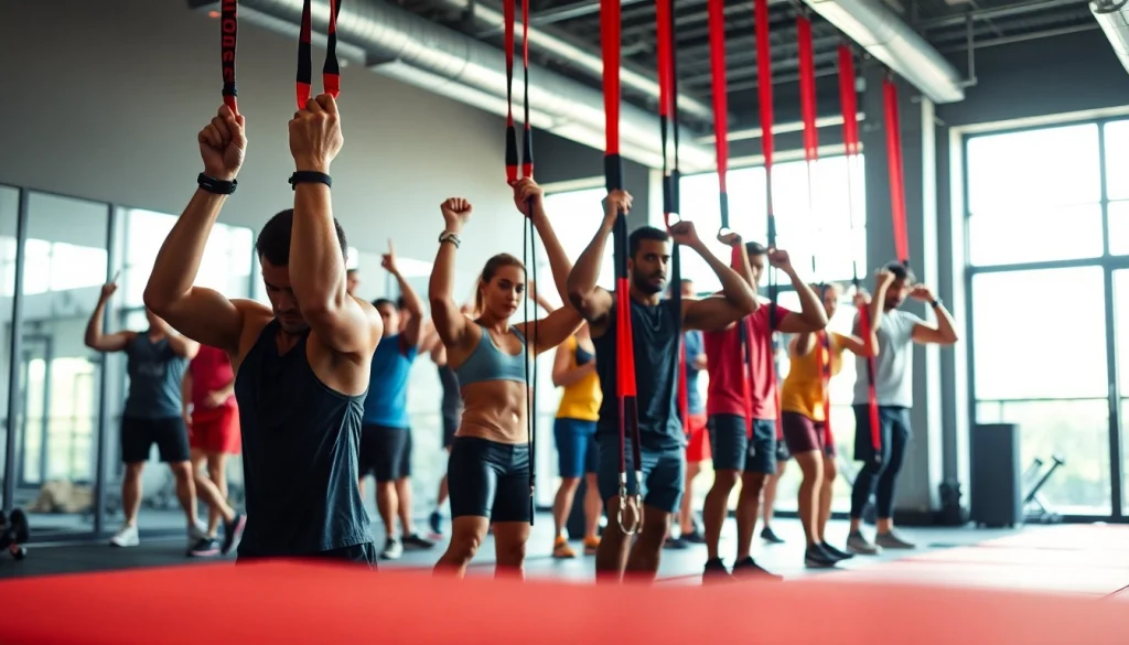 Individuals training with assisted pull-up bands in a modern gym setting, showcasing strength and teamwork.