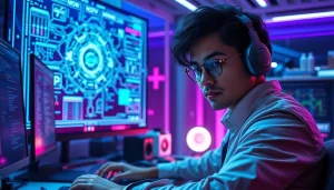 Futuristic digital workspace illustrating NSFW AI development with diverse professional engaged in innovative technology.