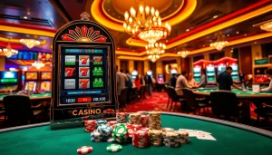 Rasakan kegembiraan slot depo pulsa di kasino mewah dengan mesin slot yang berwarna-warni dan pemain yang gembira.