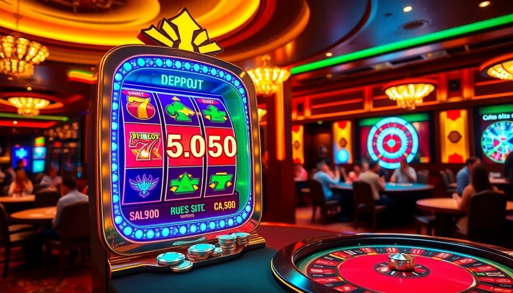 Spin the reels on the vibrant slot depo 5rb machine surrounded by excited players in a luxurious casino.